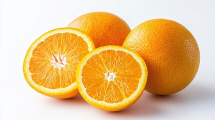 Fresh oranges, whole and sliced, isolated on a white background, showcasing their bright color and premium export quality
