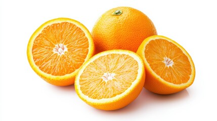 Fresh oranges, whole and sliced, isolated on a white background, showcasing their bright color and premium export quality