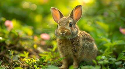 A cute brown rabbit with long ears sits in a field of green grass and pink flowers, looking directly at the camera.