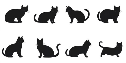 set of black cats silhouettes on white 