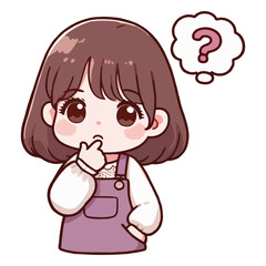 Cute girl thinking about problems. Thoughtful person in thoughts, difficulty, troubled face expression. Puzzled girl pondering, doubting.