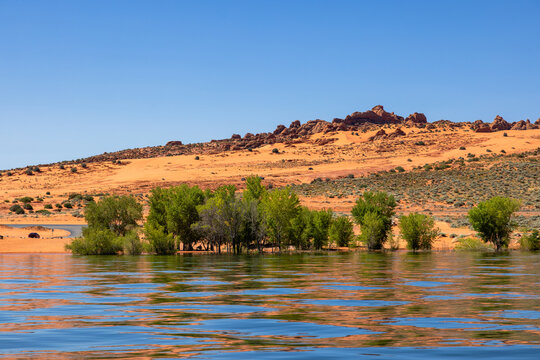 Red ssandstone formations and  inviting blue water are in abundance at Sand Hollow State Park near St George, Utah.