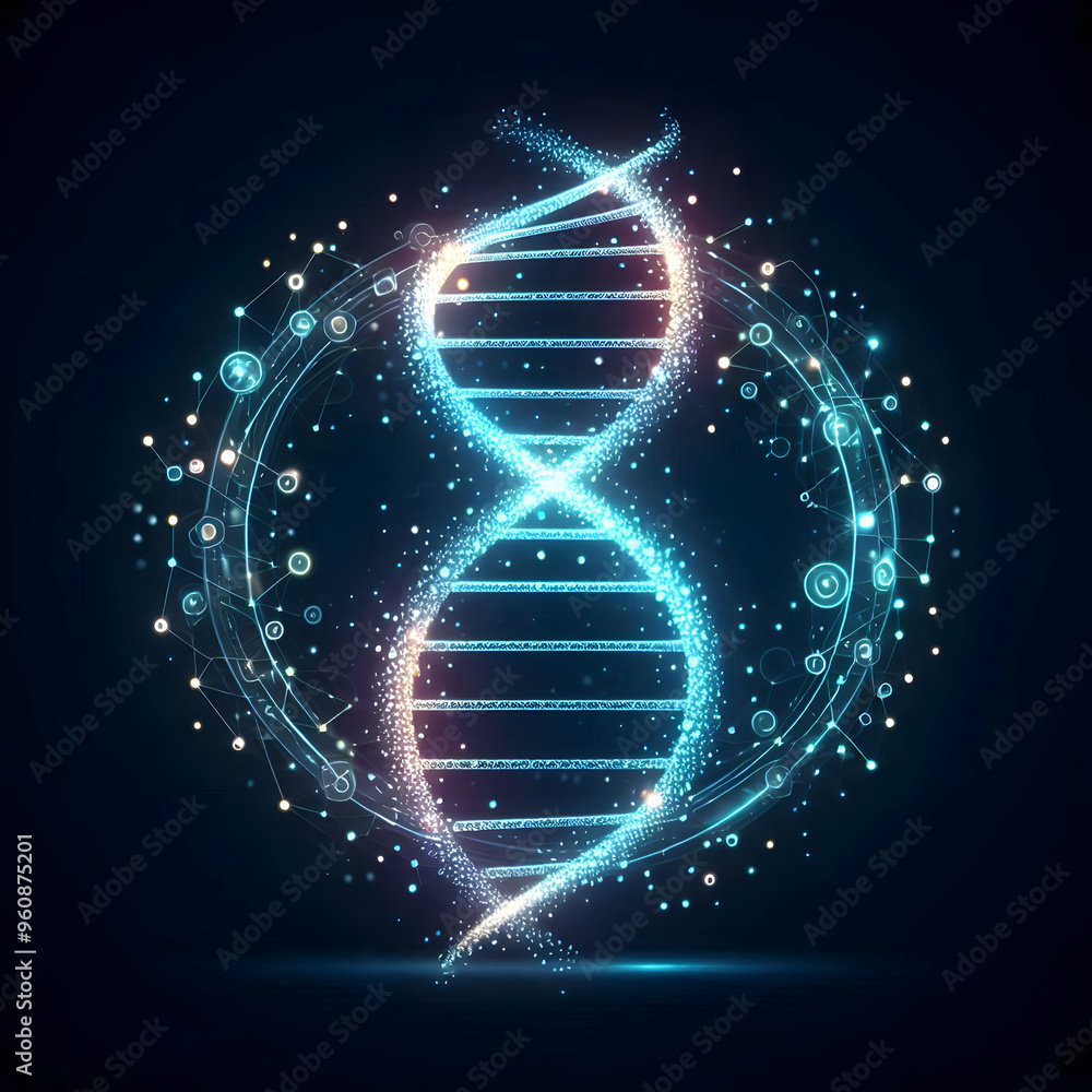 Poster flat glowing abstract digital dna helix with data particles concept - fusion of genetics and technol
