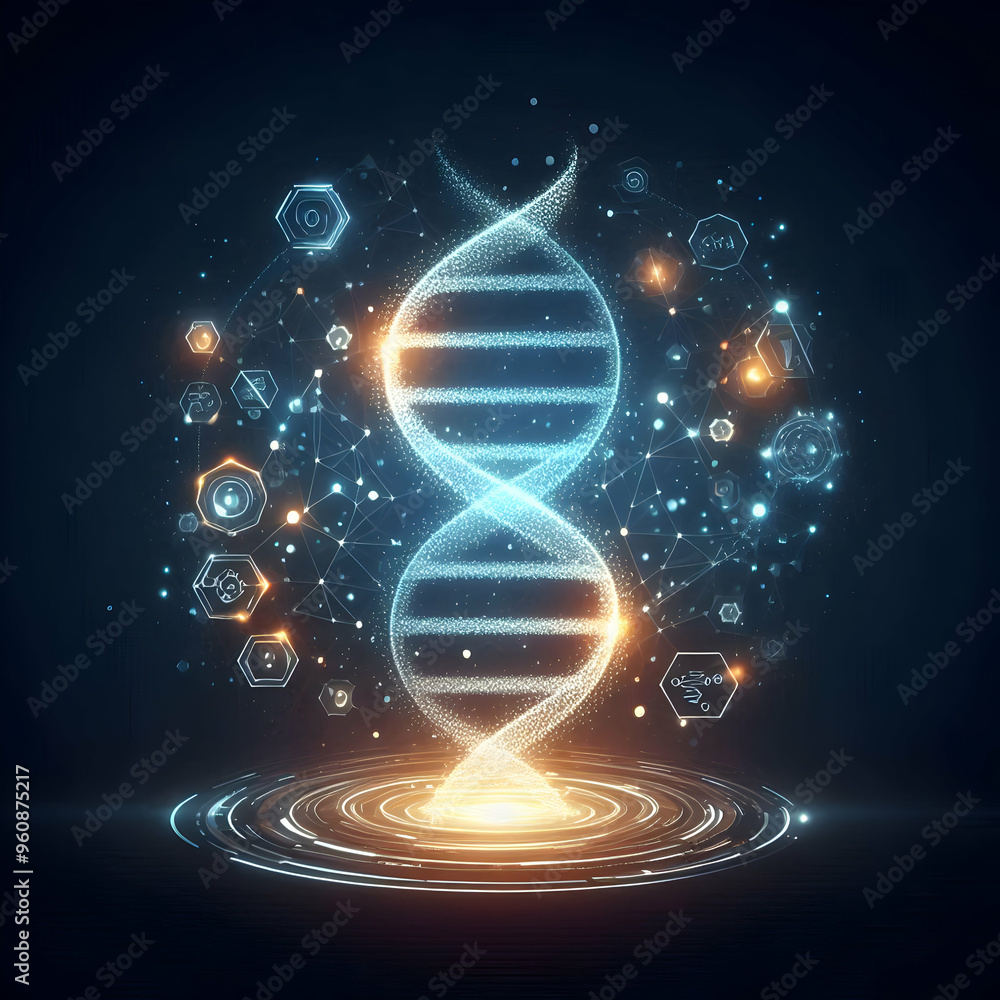 Poster flat glowing abstract digital dna helix with data particles concept | biotechnology advancements in 