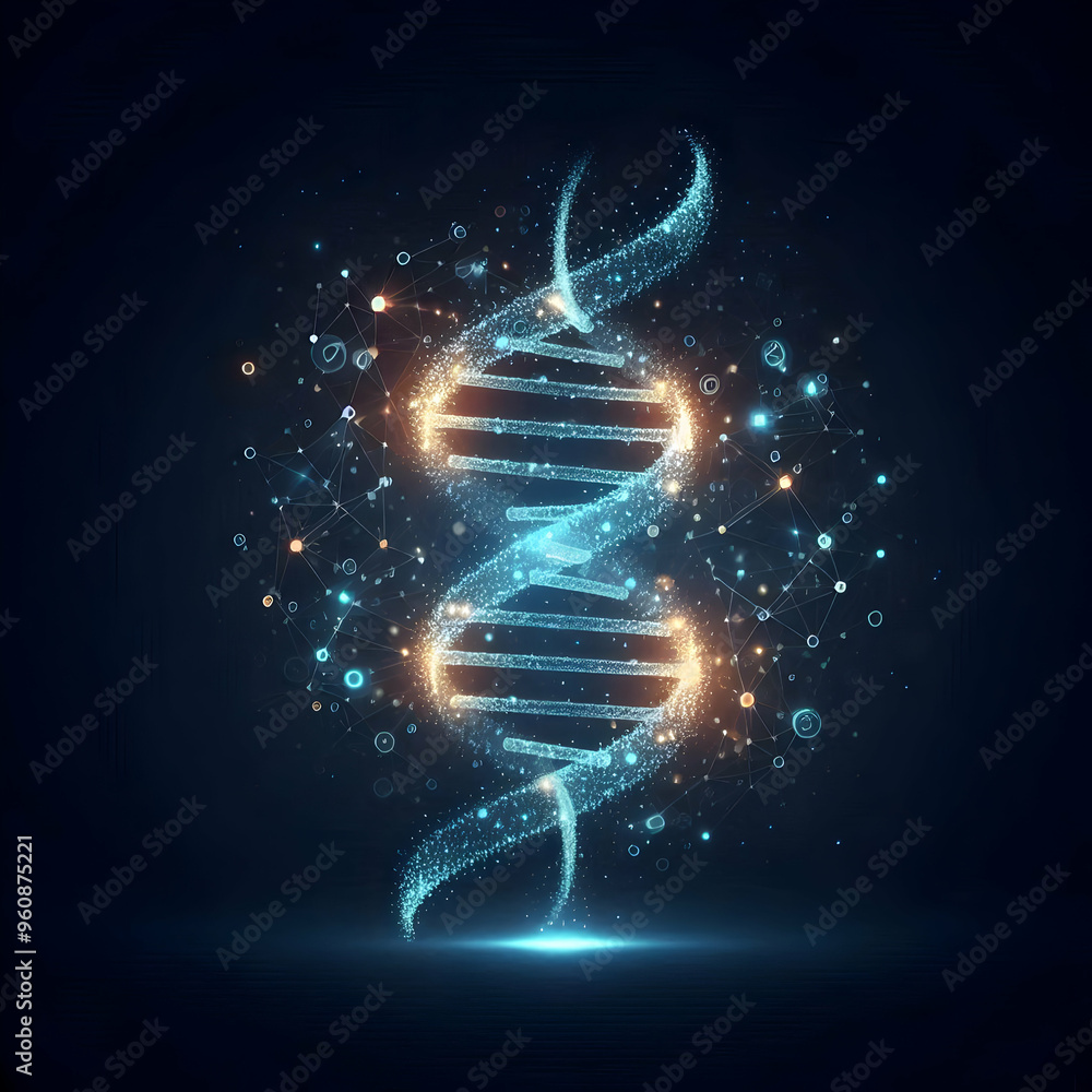 Poster flat glowing abstract digital dna helix with data particles concept - fusion of genetics and technol