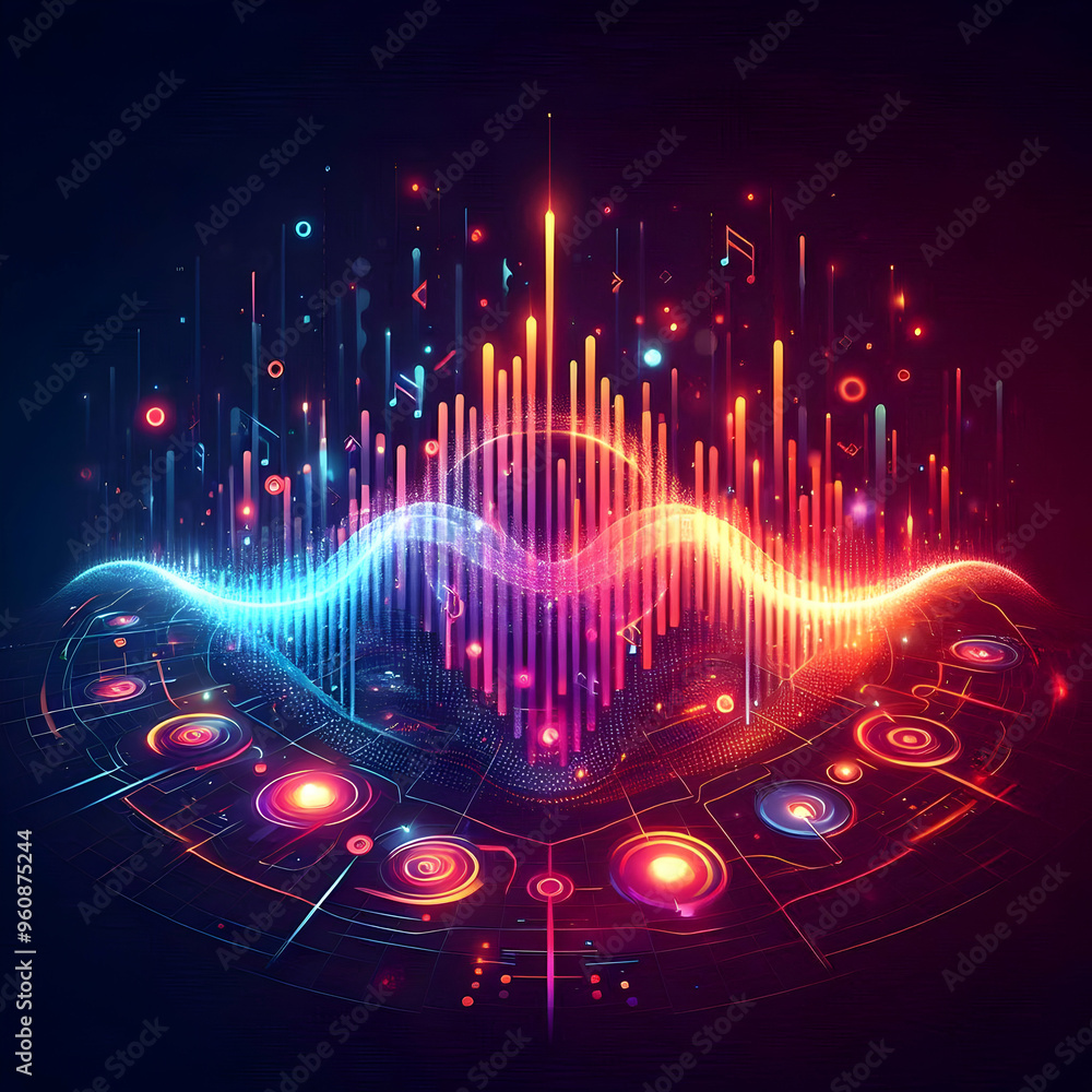 Poster flat glowing abstract digital waveforms with sound bars concept - vibrant integration of audio techn