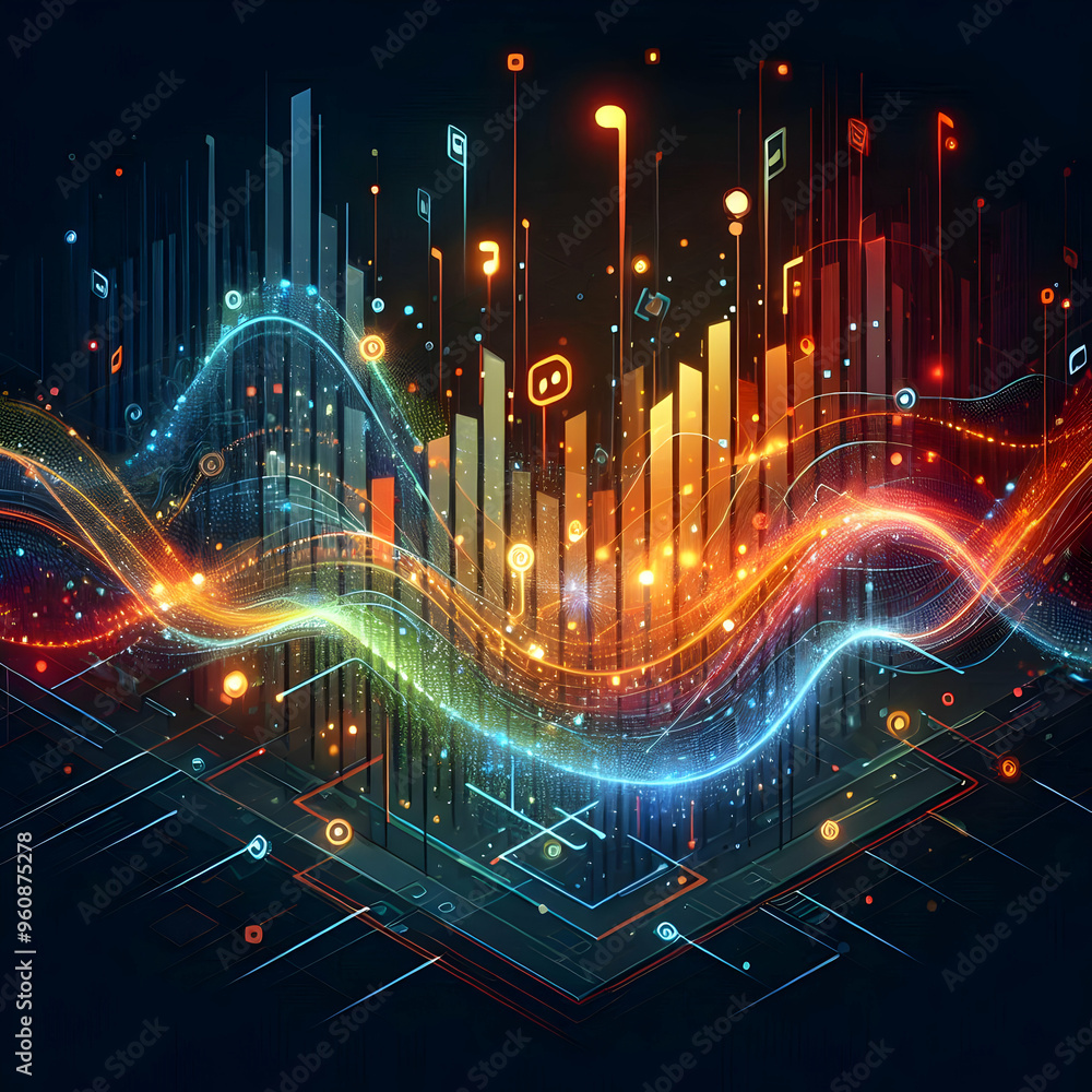 Poster flat glowing digital waveforms with sound bars concept - abstract vector illustration representing a