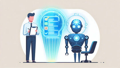Flat Holographic AI Robot with Floating Task List and Copy Space for Futuristic Automation Technology Concept - Smart Business Flat Vector Illustration