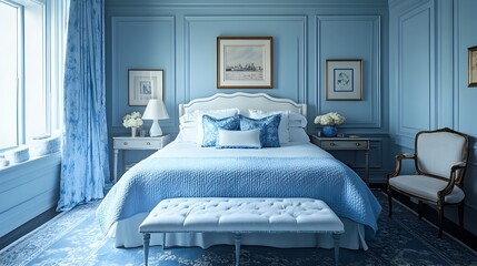 Serene and Cozy Powder Blue Bedroom Showcasing Elegant Minimalist Decor and a Tranquil Calming Ambiance for Relaxation and Comfort