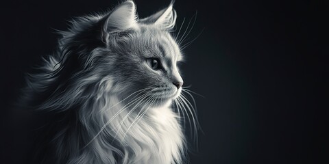 An elegant long-haired cat sat quietly in the shadow, with soft hair and gentle eyes.