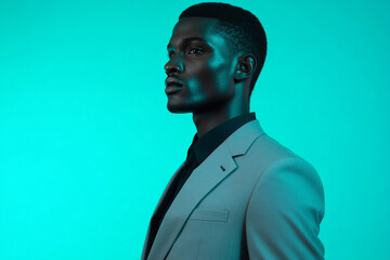 Fototapeta premium Fashionable Men in Gray Suit with Solid Neon Aqua Background Bold Lifestyle Portrait