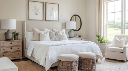 Serene and Refined Neutral Toned Bedroom with Minimalist Decor and Furnishings A Calming Retreat for Rest and Relaxation  Featuring Beige Walls Matching Furniture and a Peaceful