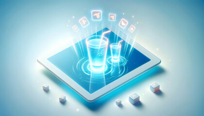 Flat Holographic Tablet with Glowing Drink Symbols Above - Smart Business Concept with Copy Space - Vector Illustration