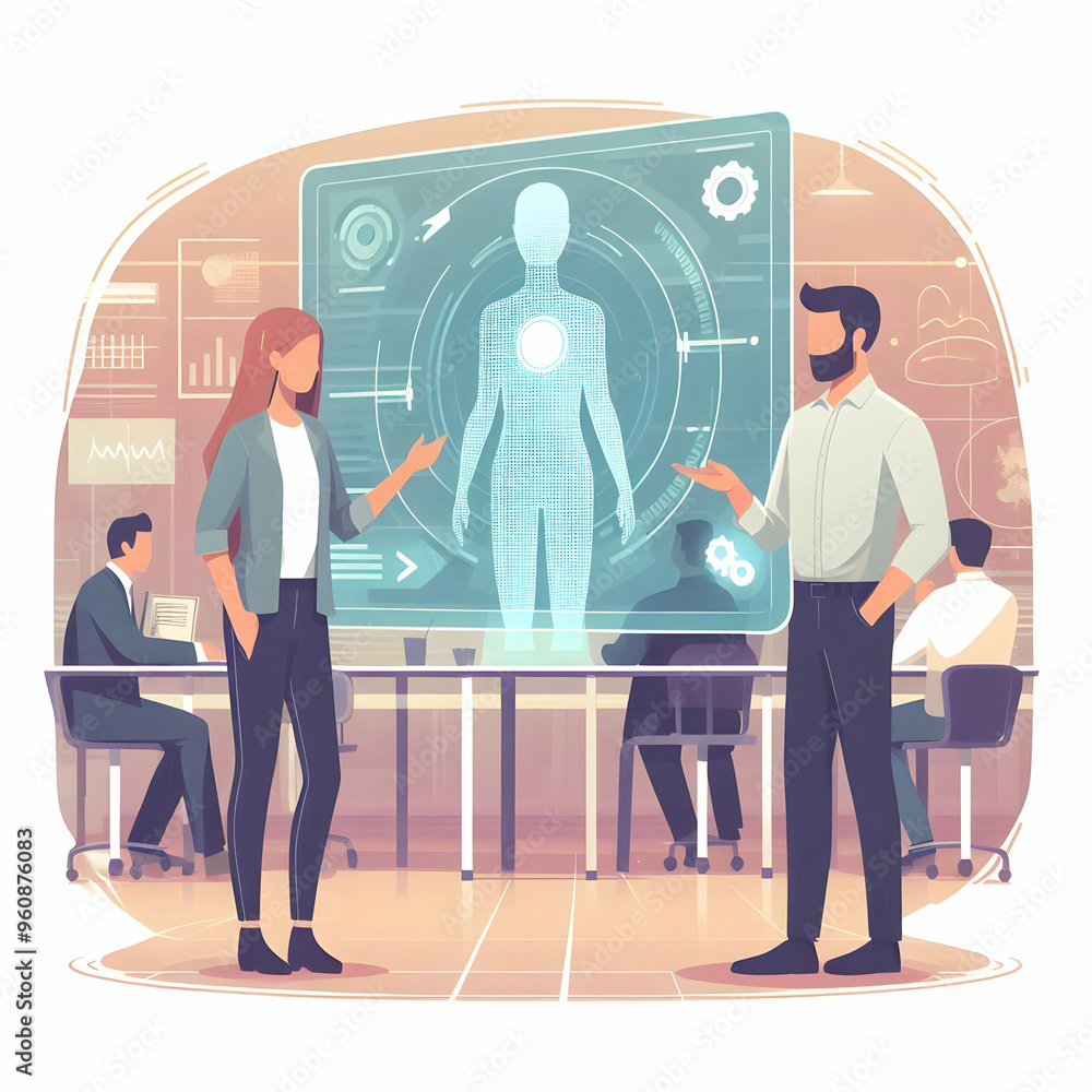 Poster flat innovator brainstorming with holographic model in futuristic lab - collaborative business innov