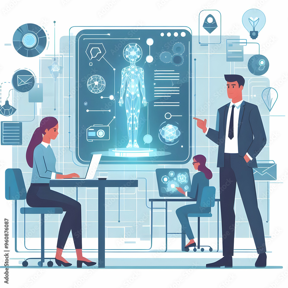 Poster flat innovator discussing ideas with holographic model in futuristic lab - collaborative and innovat