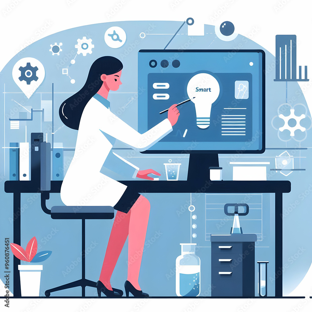 Poster innovative scientist conducting smart sensor experiment in hi-tech lab - flat vector illustration wi