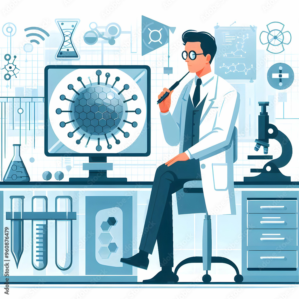 Poster flat scientist illustration: nanotechnology innovation in sterile lab environment - smart business c