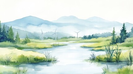 Fototapeta premium Wind turbines gracefully turning in a peaceful mountain valley, gentle river mist curling into the air, painted in soft, ethereal watercolors