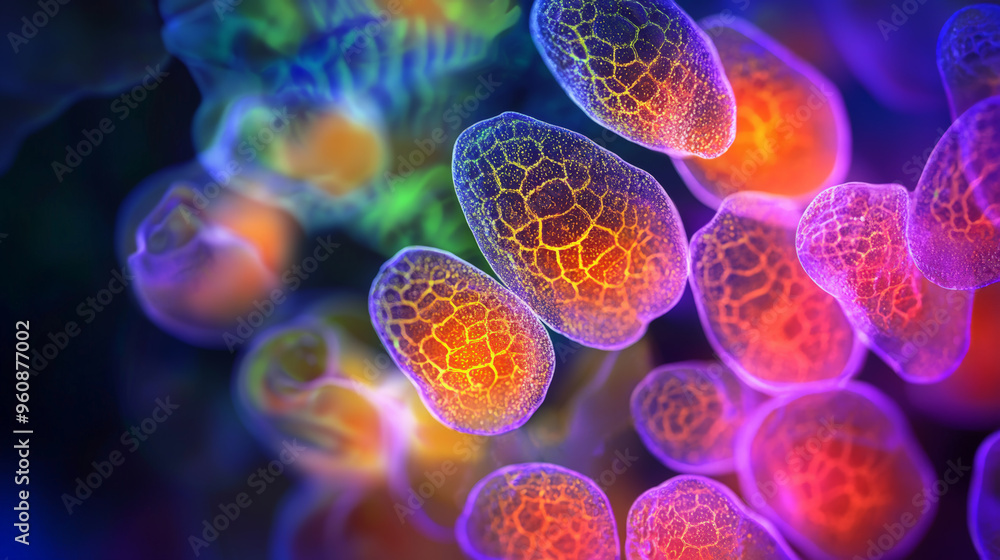 Aufkleber close up of bioengineered plant cells showcasing vibrant colors and intricate patterns. image captur