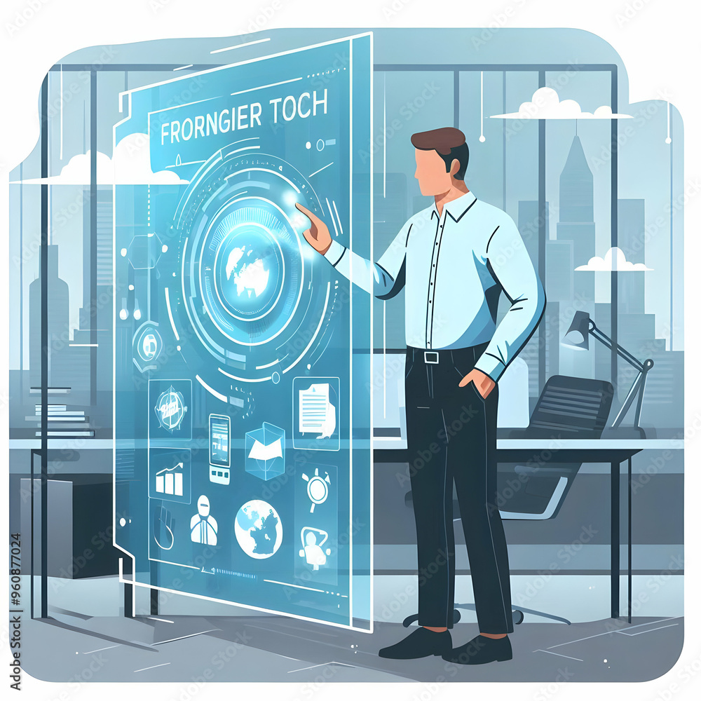 Poster flat technologist interacting with holographic interface in modern office - vector illustration emph