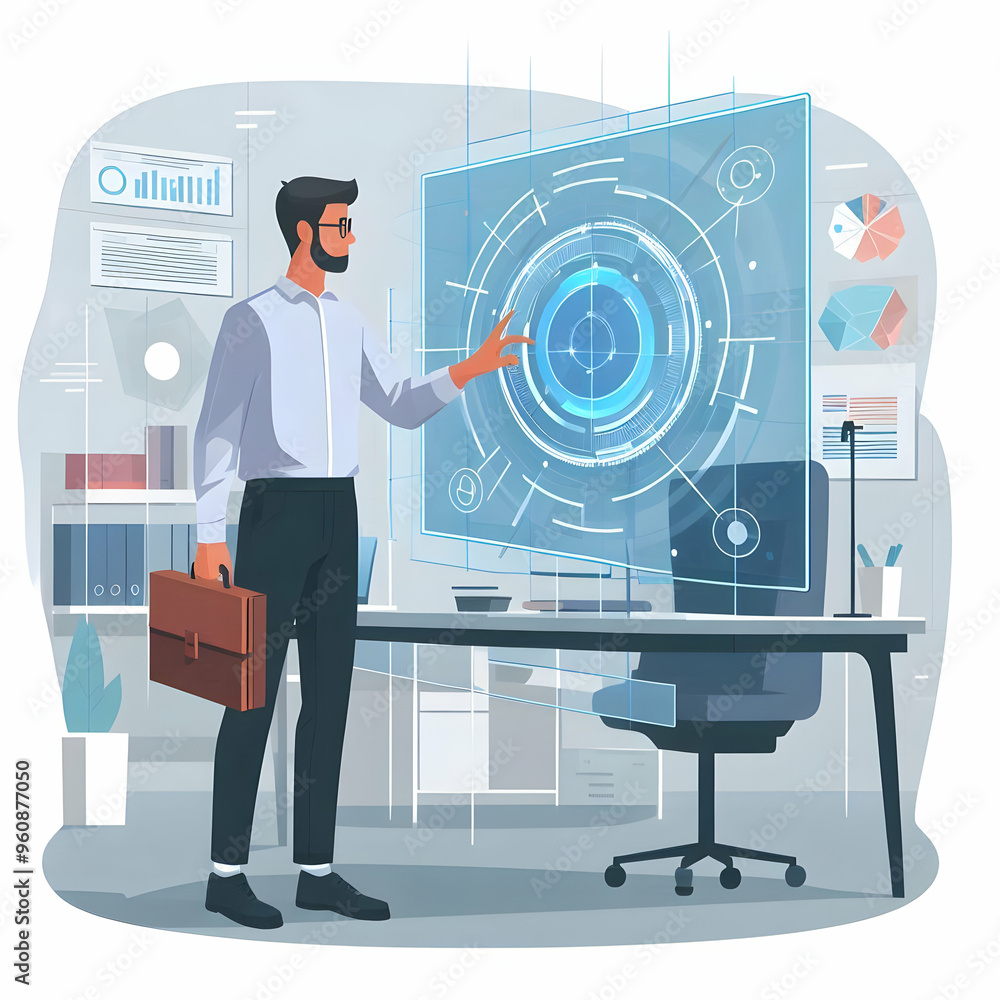 Poster flat technologist reviewing holographic interface in modern office - seamless integration of tech in