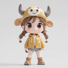 Cute girl wearing yellow cow hat and jacket, with braided hair and shorts, exuding playful charm.