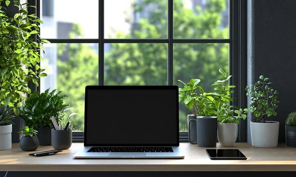 Minimalist Workspace with Laptop and Plants