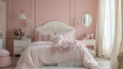 Tranquil Pale Pink Bedroom Interior with Soft Feminine Aesthetic and Refined Decor Elements for a Calming Cozy Ambiance