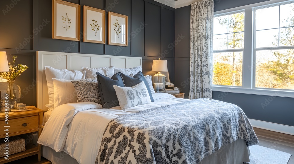 Poster a sophisticated and serene slate gray bedroom featuring a harmonious color scheme minimalist decor a