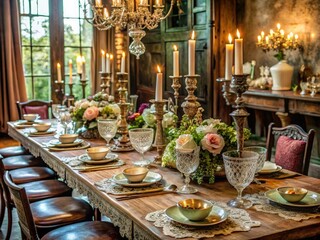 Vintage-inspired dinner party with distressed wooden tables, lace overlays, and ornate metal centerpieces showcasing elaborate Victorian-era inspired cuisine