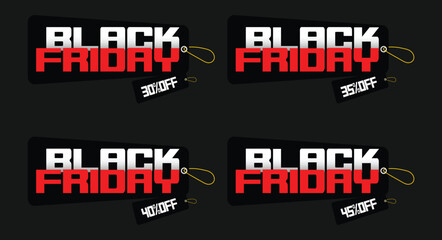 Black friday sale tags offering different percentage savings off purchases