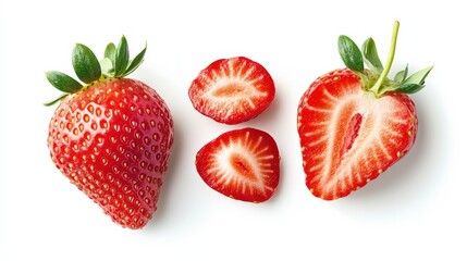 Fresh strawberries, whole and halved, with a rich red color and juicy texture, isolated on a white background