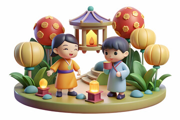 Flat Children Playing in Garden During Mid Autumn Festival Surrounded by Lanterns and Flowers, Illustration of Carefree Joy and Energy, Low Wide Shot Focusing on Garden and Kids
