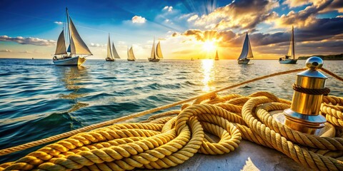 Obraz premium summer gold stripes nautical ropes sea breeze coastal lifestyle relaxed freedom sailing yachts ocean waves blue skies warm soft natural sunlight