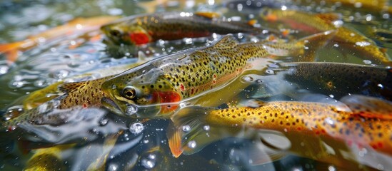 Fototapeta premium Close Up Of Trout Fish In An Artificial Pond Breeding Of Trout For Food Industry Masukiye Kocaeli Turkey