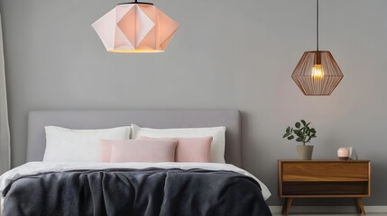 Stylish geometric pendant lamp hanging above a cozy and modern bedroom providing ambient and elegant lighting to the trendy interior design