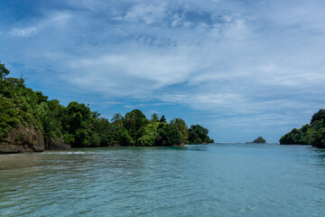 Clear Blue Water and Scenic Tropical Beach Surrounded by Palm Trees and Lush Nature - A Serene Island Paradise Offering Eco-Tourism and Adventure Travel in a Remote, Unspoiled Caribbean Destination
