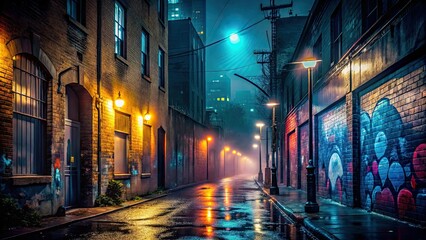 Moody rainy night city street dimly lit atmospheric foggy misty urban wall graffiti