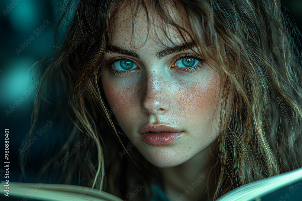 Poster a person with a contemplative expression, writing in a journal or diary. concept of reflection and s