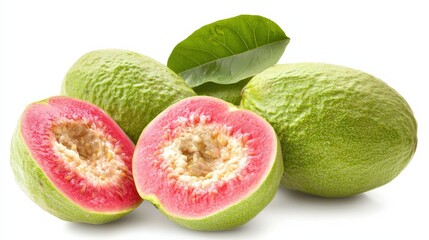 Guavas with a green exterior, some sliced to reveal the vibrant pink interior, isolated on white