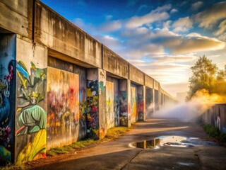 Fototapeta premium morning fog slowly unveiling graffiti-scrawled concrete walls