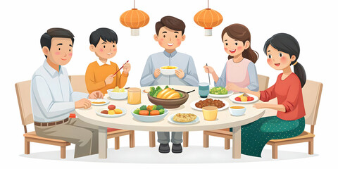 Flat Vector Illustration: Happy Family Celebrating Mid Autumn Festival with Delicious Meal, Joyful Conversations, and Warm Togetherness. Top-Down View of Shared Dishes and Lively Atmosphere. Business-