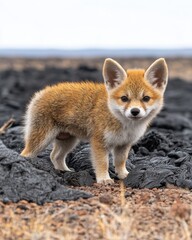 Obraz premium Adorable Fox Kit Exploring a Rugged Rocky Terrain in the Wild, Captured in Stunning Clarity and Detail