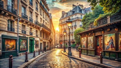 Fototapeta premium Vintage Parisian street romantic charming old posters classic elegant architecture urban wall morning