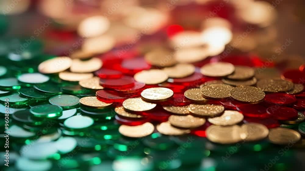 Aufkleber round sparkling sequins in gold, red and green colors are creating a glittering textured background 