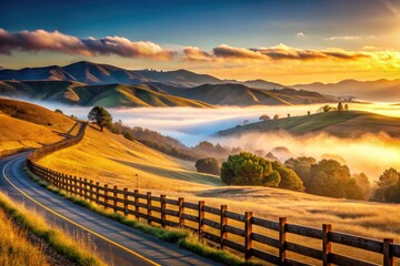 foggy dawn Interstate 80 California landscape serene misty atmosphere warm golden light rustic wooden fence rolling hills mist-shrouded mountains