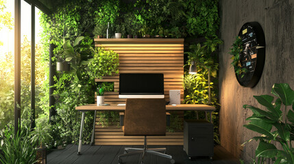 Home office with eco-friendly materials and energy-saving technology, focusing on reducing global warming