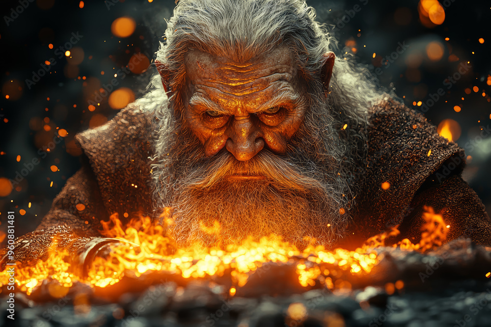 Poster a grumpy yet wise dwarf forging weapons in a fiery underground forge, surrounded by glowing molten m
