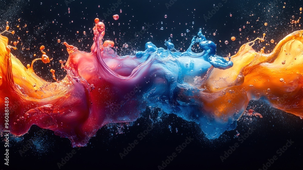 Poster abstract colorful liquid splashes against a black background, creating an artistic and dynamic compo