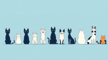 Obraz premium Cute Cartoon Cats Sitting in a Row on a Light Blue Background